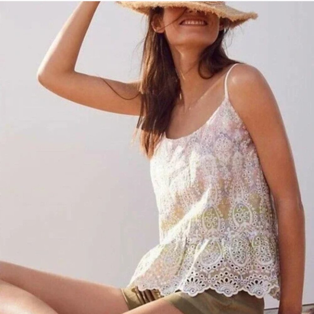 Feather Bone by Anthropologie Gemma Eyelet Split Back Cami Top Cream Size 14